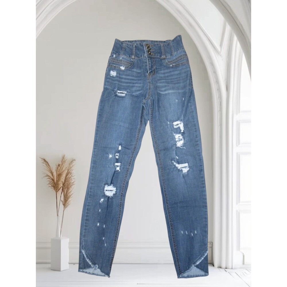 Distressed Skiny Jeans Juniors/Womens 5 Blue 3 Buttons unbranded